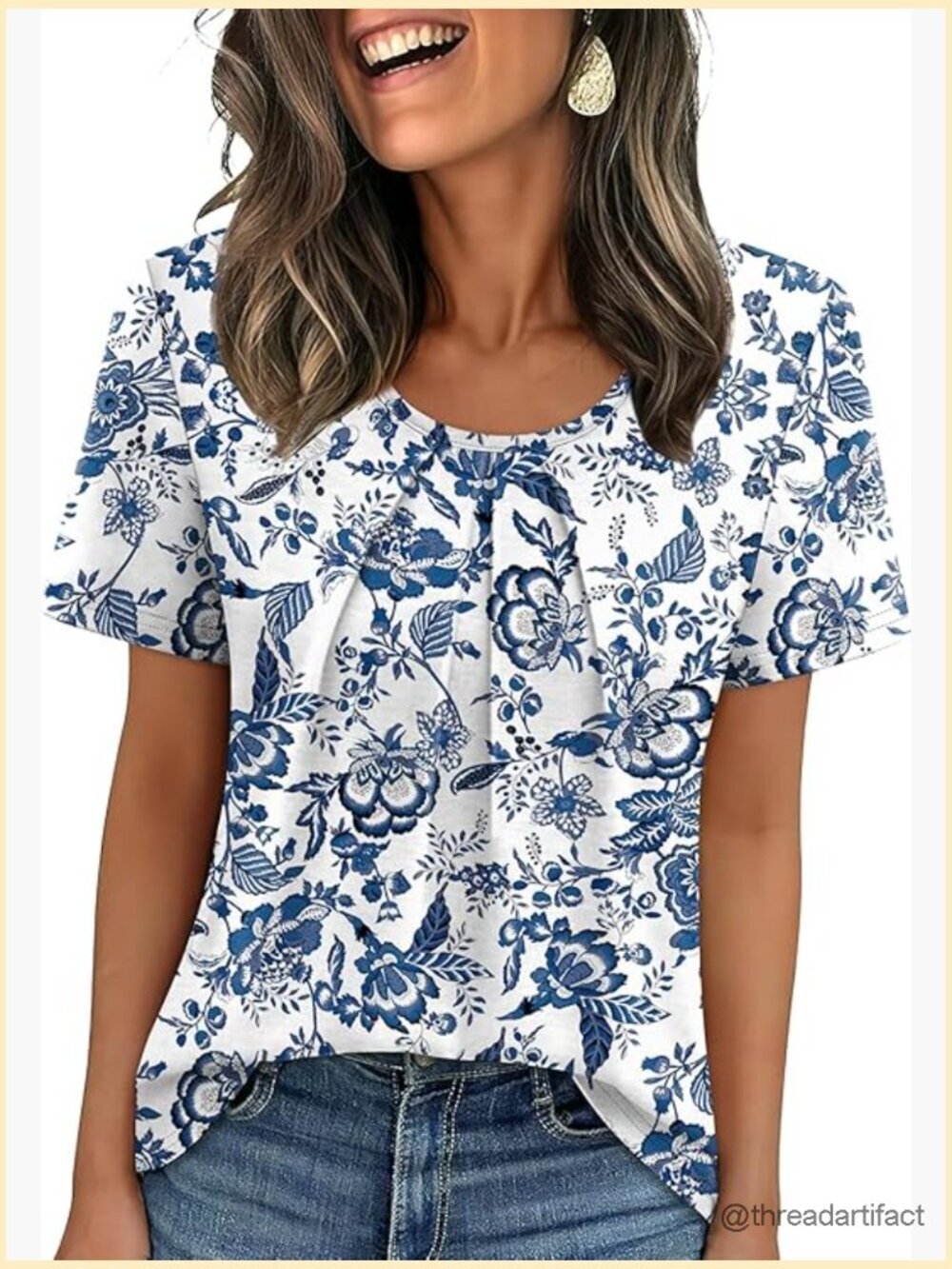 Women's Pleated Flowy T-Shirt Blouse Business Casual Loose Fit Short Sleeve